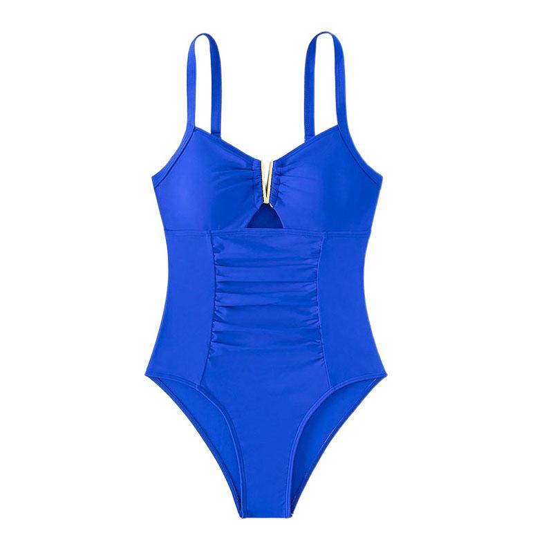 Sexy V Neck One Piece Swimsuit Women Hollow Out Pleate Tummy Control Swimwear Beach Bathing Suit Slim Monokini
