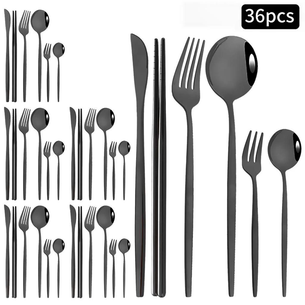 36 ks Černozlatá sada příborů Nůž Vidlička Lžíce Hůlky Sada nádobí Nerezové ocelové dortové vidličky Čajové lžičky Stolní nádobí Příbory