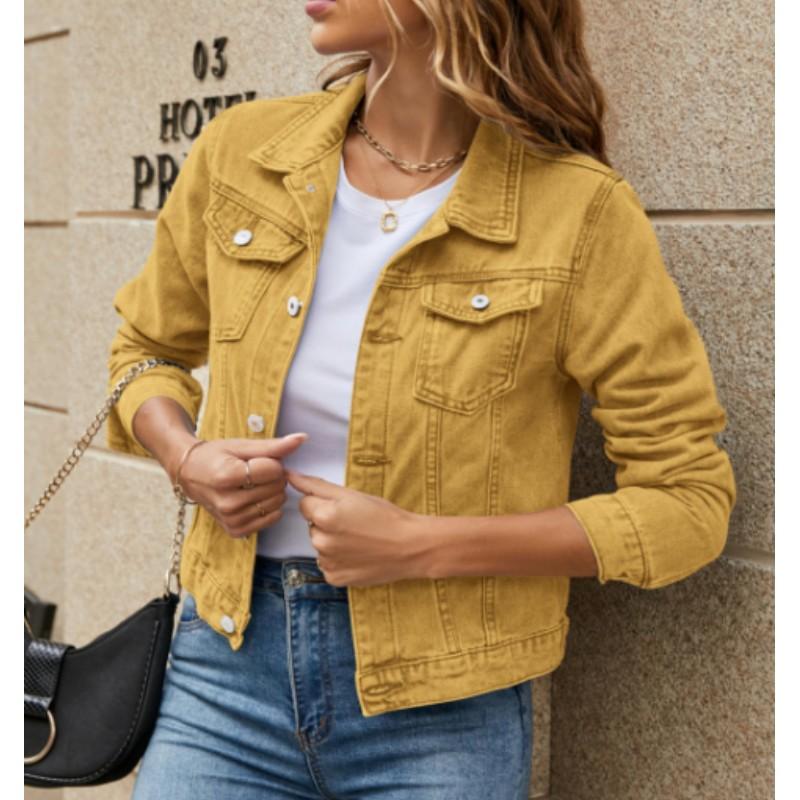 Women's Spring/Autumn Collared Pocket Single-Breasted Short Denim Jacket Solid Color Personalized Slim-Fit Streetwear Jacket