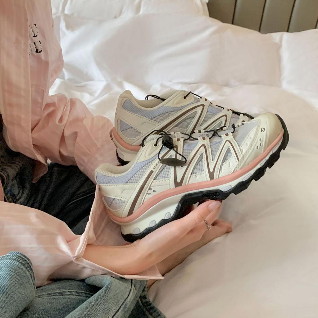 Retro Univerzální Barevné Sladění Silná Podrážka Stahovací Šňůrka Ležérní Sportovní Obuv Dámská Pravá Kůže Dad Shoes