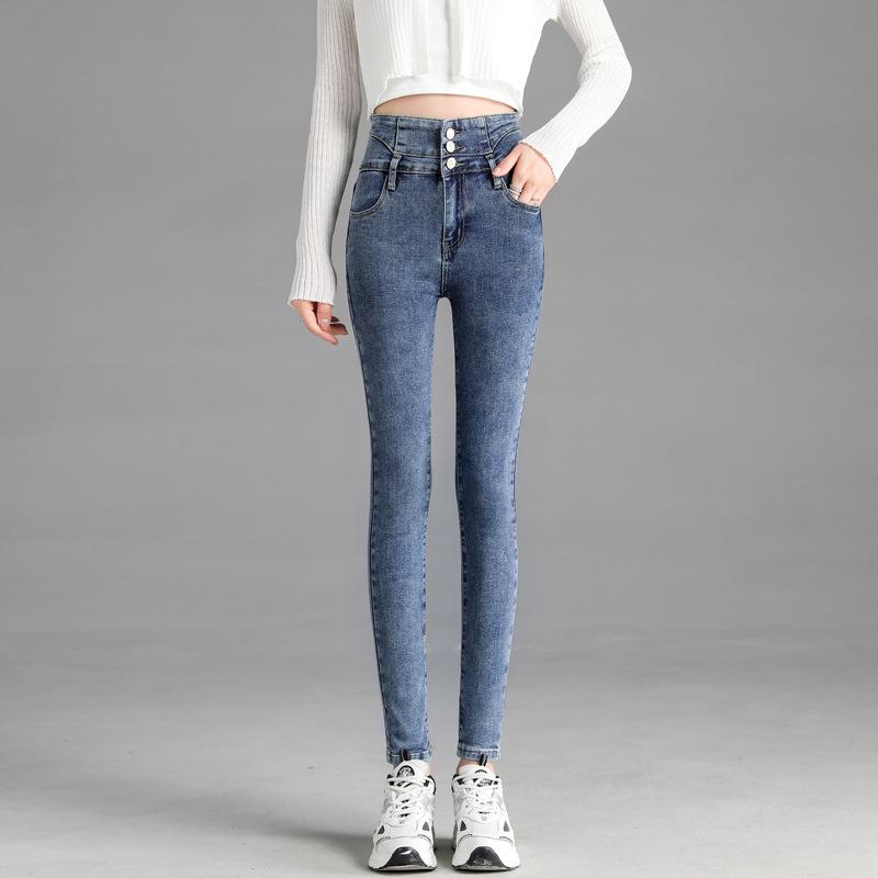 High-Waist Skinny Velvet-Lined Jeans - Women's Casual Japanese Korean Style, Autumn/Winter 2025.