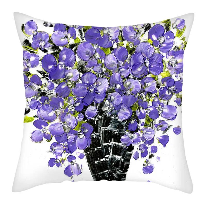 Purple Flower Lavender Polyester Cushion Cover Throw Pillowcase For Sofa Car Chair Living Room Decorative Pillow Cover 45X45Cm