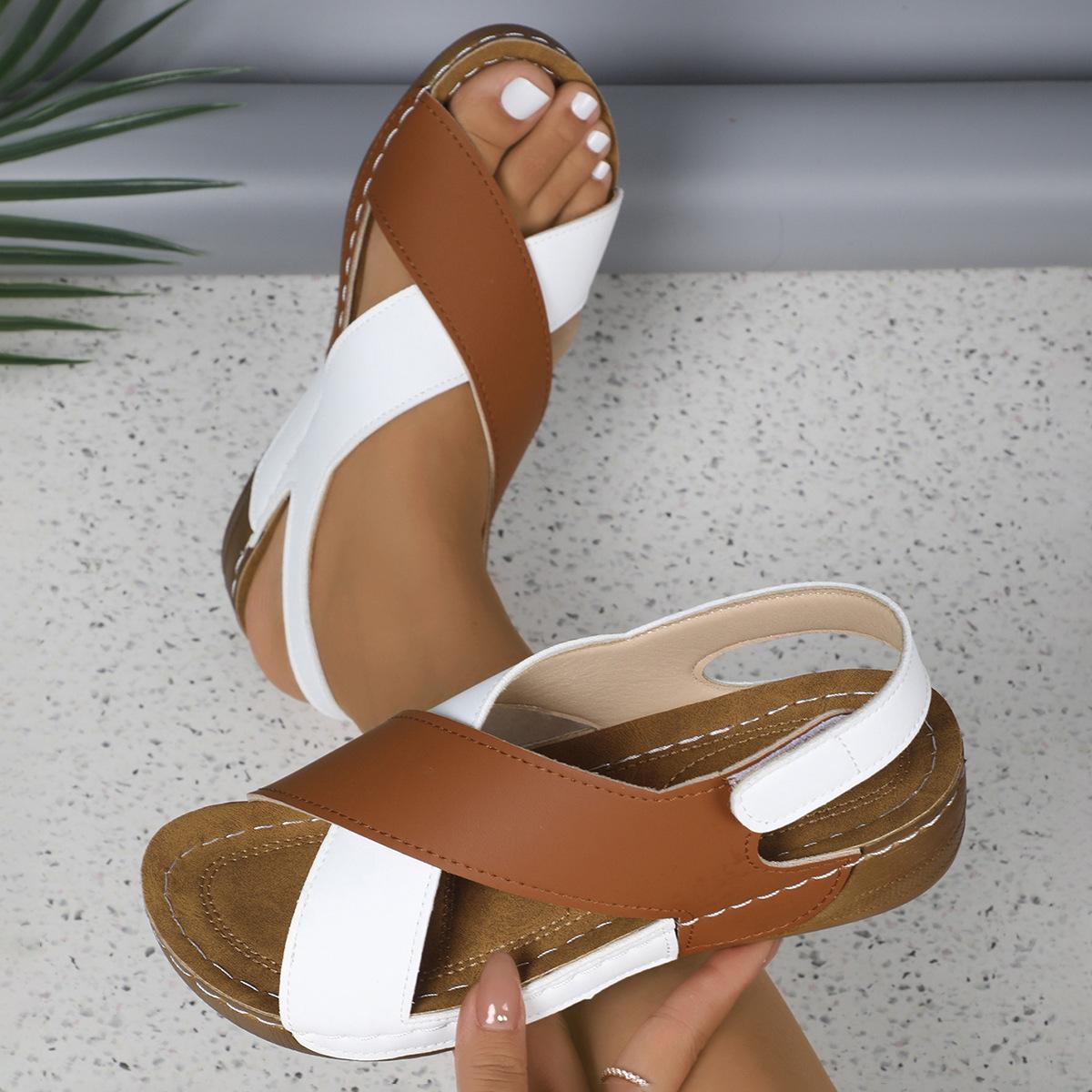 

Foreign trade sandals women s summer new European and American large-size fish mouth cross muffin thick-soled Velcro women s sandals 43 43