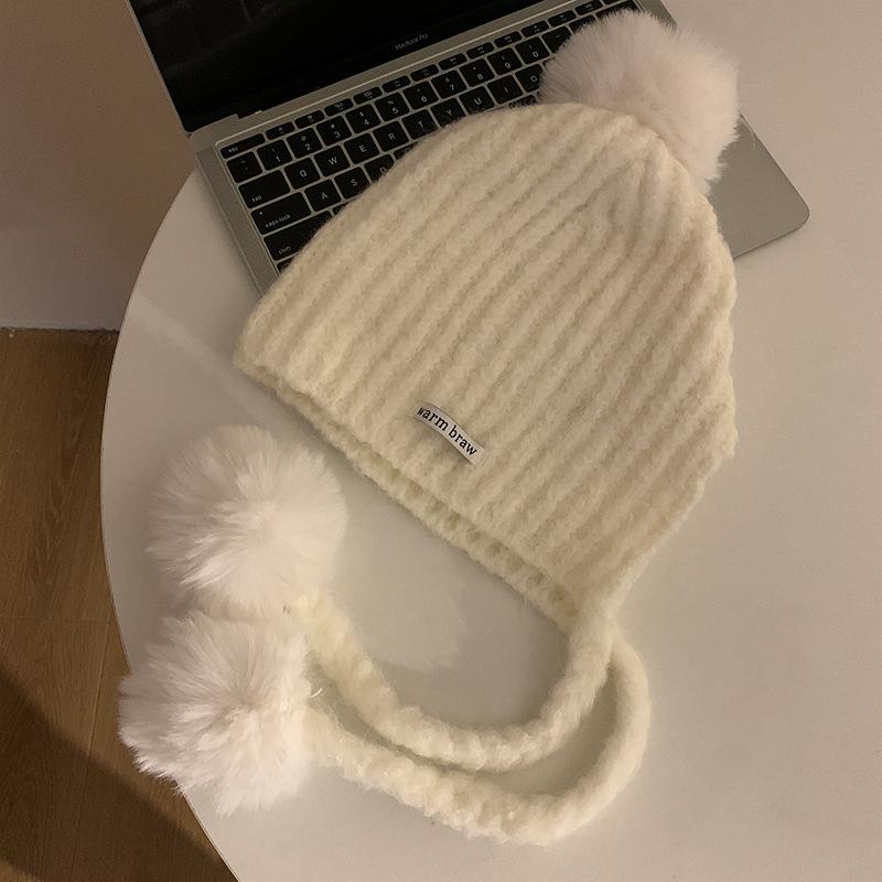 Gray Fur Ball Tassel Beanie Women's New Autumn and Winter Warm and Cold Proof Ear Protection Hat Large Head Circumference Hat Trendy