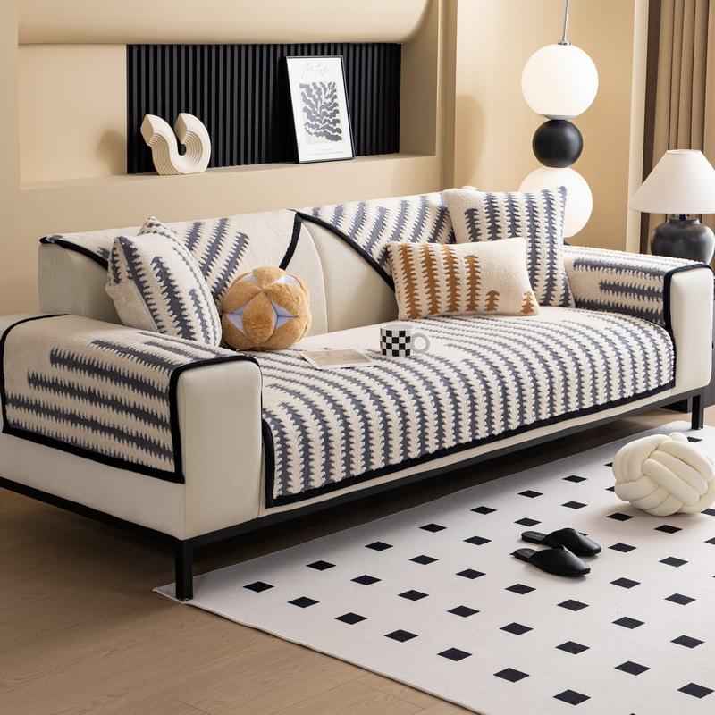 Sofa Cushion  New Thousand Bird Grid Thickened Plush Seat Cushion High-end Non-slip Leather Sofa Cover Winter Cover