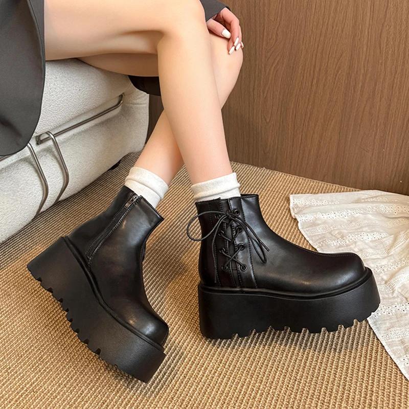 Fashion Women Flats Platform Ankle Boots Lace Up Casual Shoes Sport Sneaker 2025 Winter Chelsea Short Boots Leather Shoes Mujer Botas
