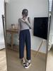 Women's 2024 Autumn Khaki Wide-Leg Suit Pants - Navy Blue, Loose, Straight, Nine-Point Length