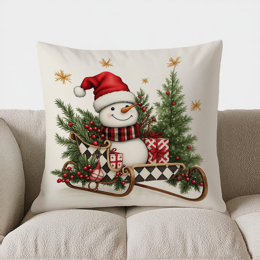 Home Decor Snowman Sleigh Christmas Decorative Pillow Cover Pattern Cushion Cover Suitable For Sofa Bedroom Car Pillow Cover
