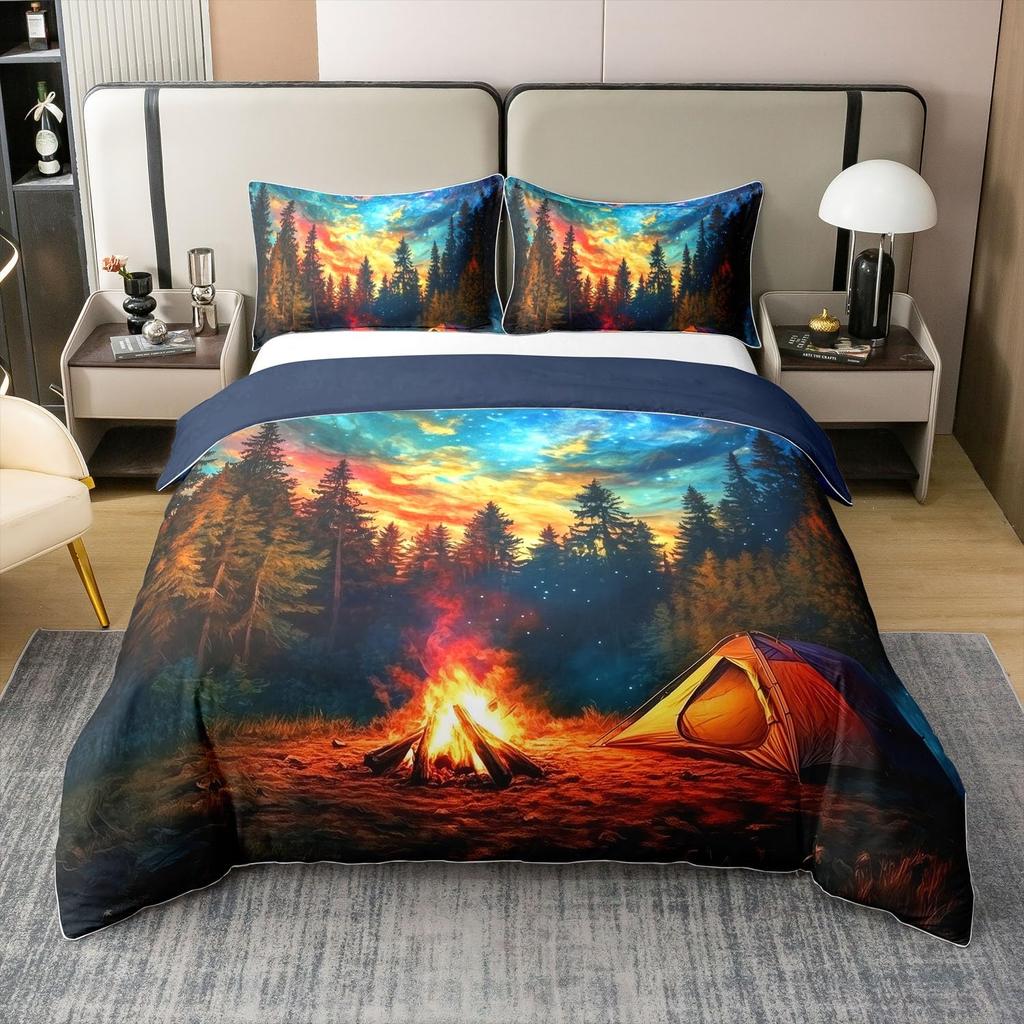 Camper Theme Duvet Cover Set for Teens Adults Kids Queen Size Quilt Cover with 2 Pillowcase Bonfire Evening Bedding Set 3 Pieces
