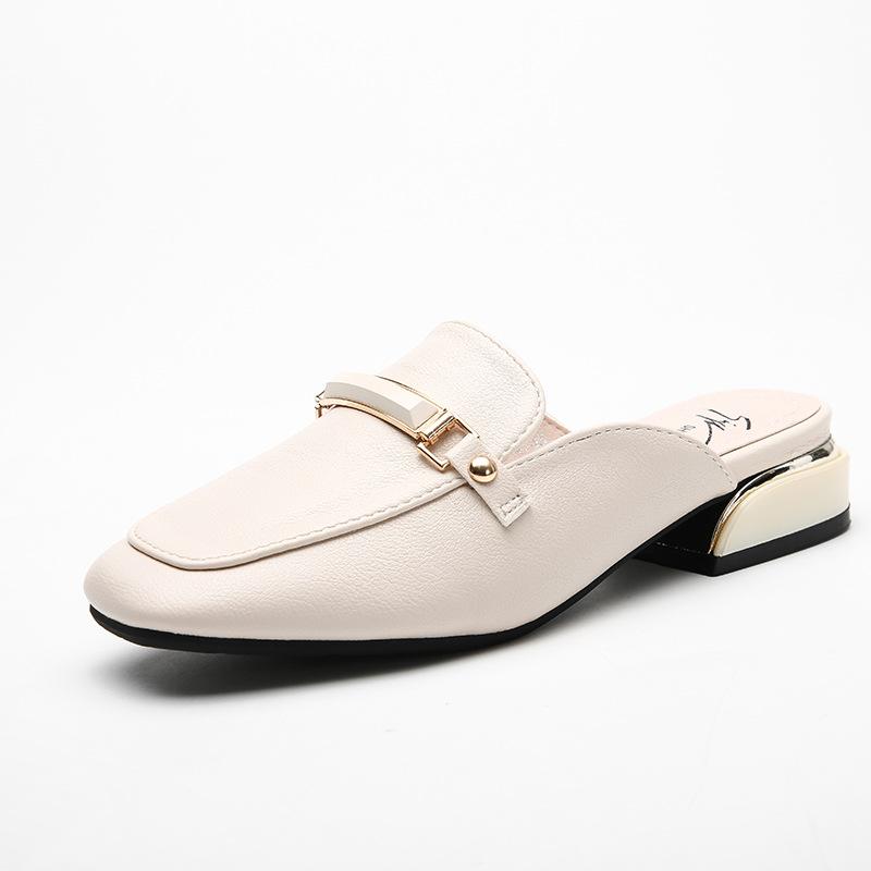 

Снаружи металлические украшения квадратный носок сплошной мюли женские тапочки туфли женские сандалии закрытый носок шлепанцы на низком каблуке женские шлепанцы 5 абрикосовый