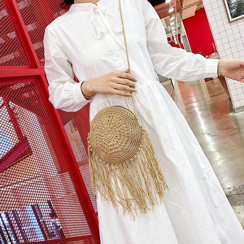 Yogodlns Fashion Round Hand-woven Woman Shoulder Bag Summer Travel Shopping Straw Beach Bags Tassels Female Small Messenger Bag