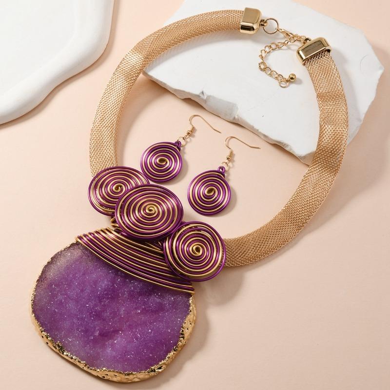 Gorgeous geometric crystal raw stone pendant choker necklace & earring set for women