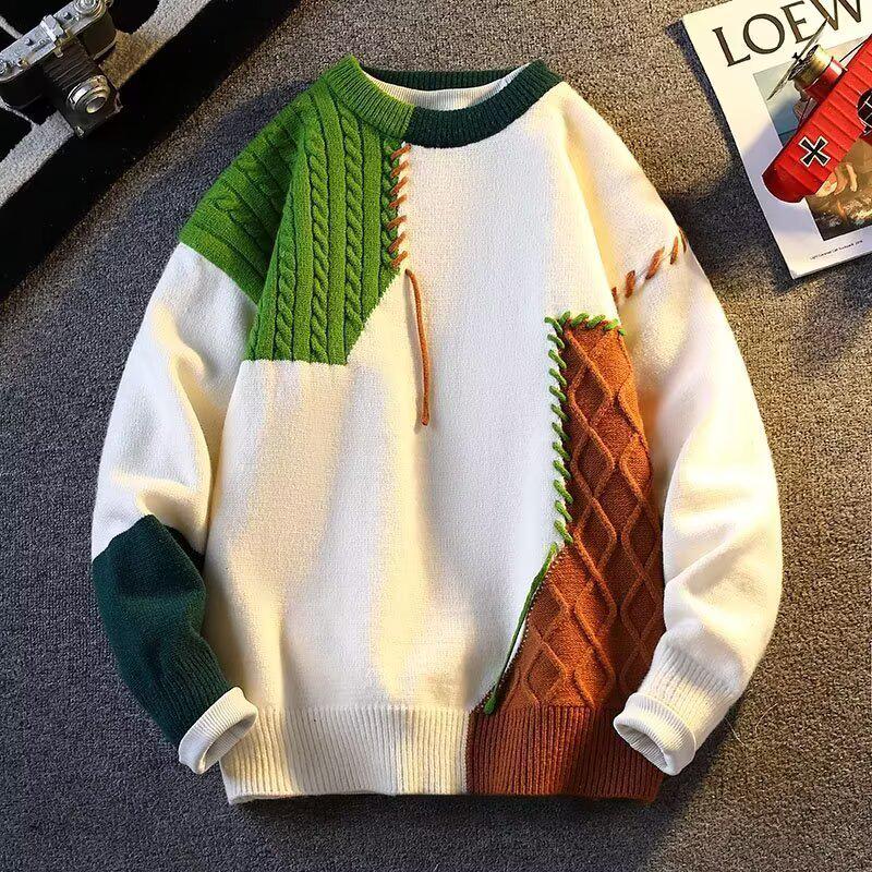 Men s Winter Patchwork Color Block Woolen Sweater - Casual, Loose, and Stylish Knitwear XL
