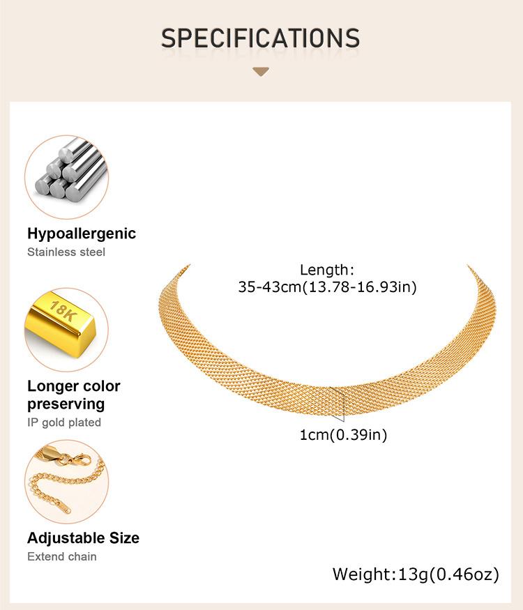 Women Minimalist Choker Mesh Link Chain Necklace, Stainless Steel Gold Plated Skeleton Jewelry