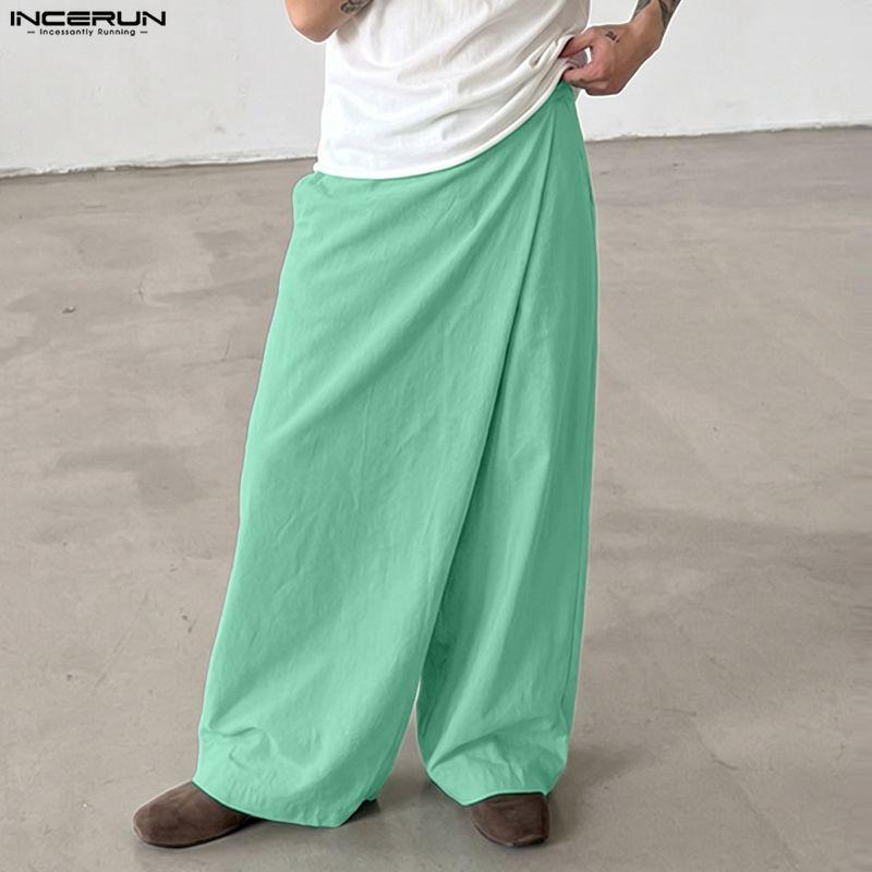 INCERUN Men Back Elastic Waist Wrap Casual Baggy Long Wide Leg Pants Trousers