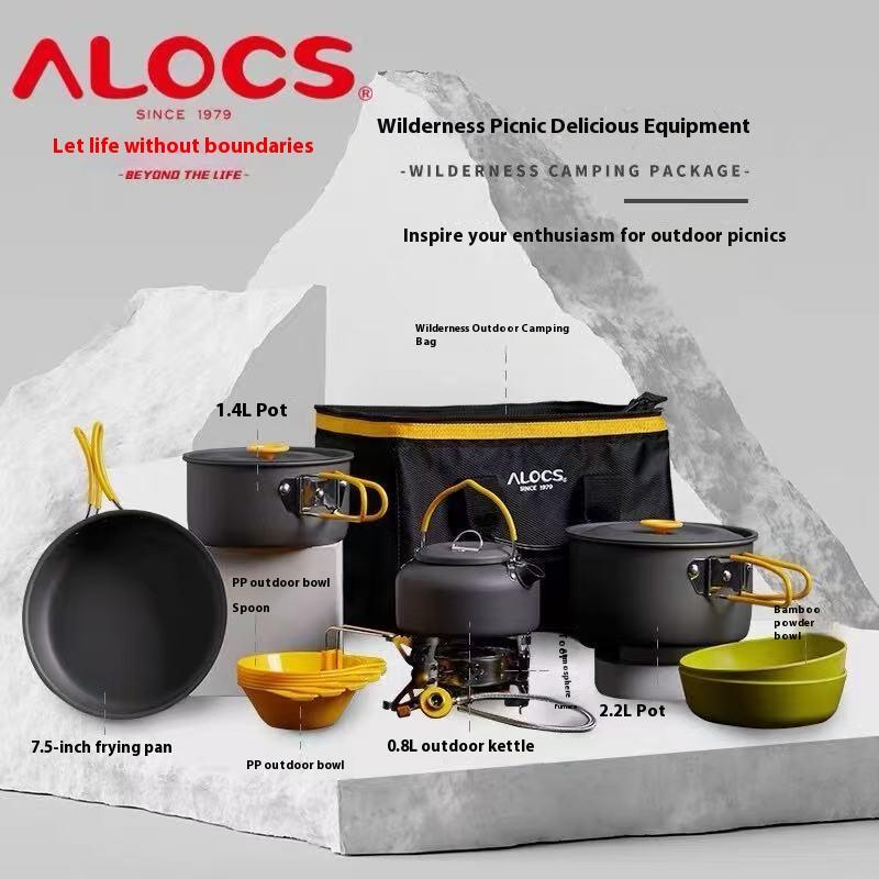 Alocs Outdoor Camping Cookware Set, Hurricane Stove, Camping 4 Person Kit with Storage Bag and Utensils