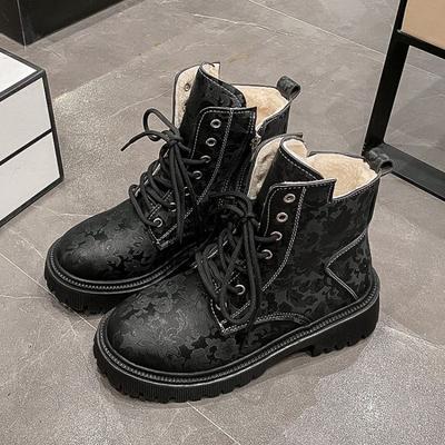 Autumn and Winter New Printed Thick-heeled Retro Short Boots Thick-soled Round Head Fleece Thickened Large-size Martin Boots
