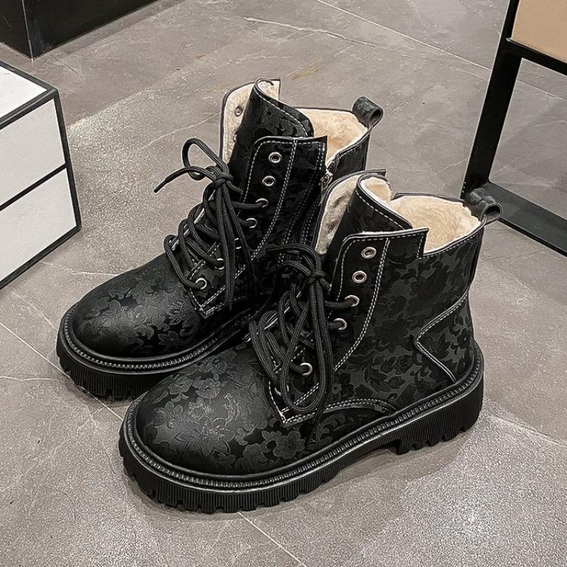 Autumn and Winter New Printed Thick-heeled Retro Short Boots Thick-soled Round Head Fleece Thickened Large-size Martin Boots
