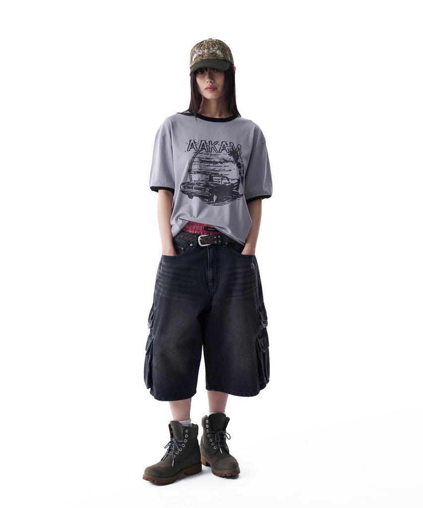 AAKAM Camo Patch Bermuda Denim Cargo Pants (Black)