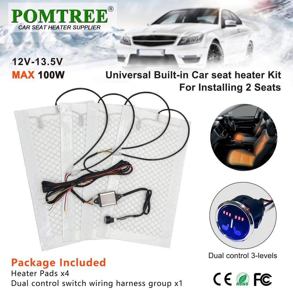 Built-in Car Seat Heater Kit Fit 2 Seats,MAX 100W Carbon Fiber Heating Pads 3 Levels Control Switch System 50℃ High Temperature