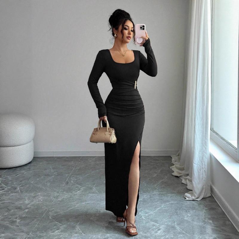 Spring New U-neck Solid Color Slim Knitted Long-sleeved Slit Dress