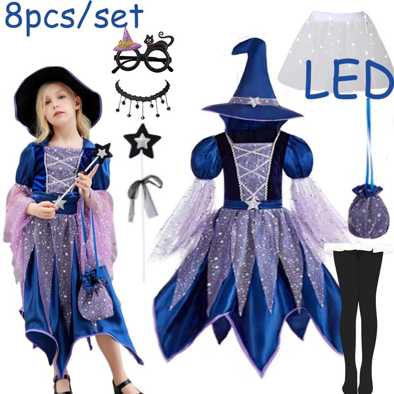Halloween Party Costumes Witch Dress for Girls Kids Cosplay Carnival Witch Costume Pumpkin Dress Up With Bag Hat Wand Clothing