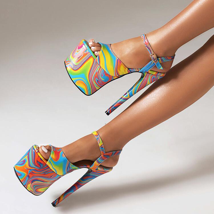 FOREADA Women Pu Leather Sandals Platform Super High Hoof Heels Peep Toe Ankle Strap Buckle Sexy Party Summer Shoes