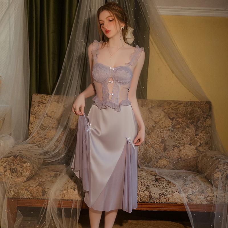 Lenjerie de corp de damă Toamnă Cămașă de noapte din satin și plasă cu cupă pentru piept Culoare uni Până la jumătatea gambei Set halat cu bretele