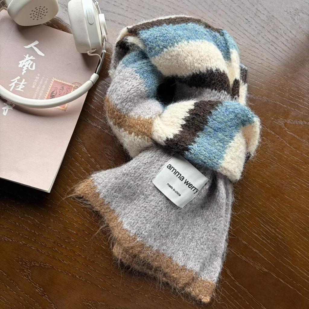 Mohair striped scarf women's autumn and winter thickened warm imitation cashmere shawl contrasting color versatile couple scarf men