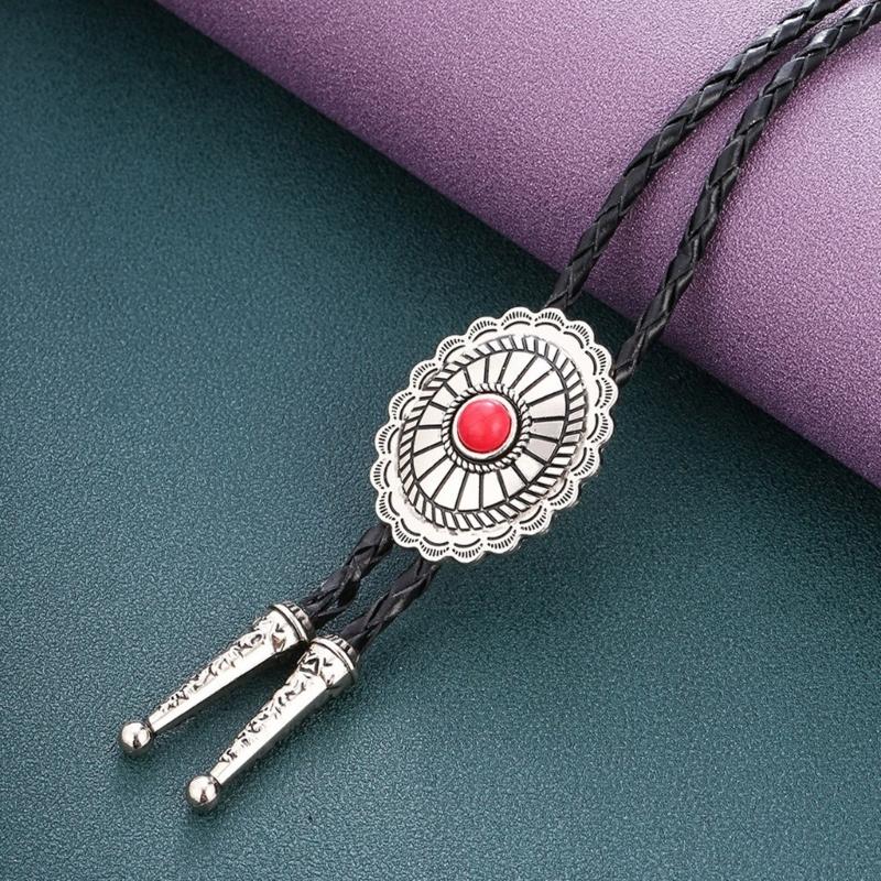 Mens Bolo Tie Necktie Vintage Leather Braided Rope Necklace with Metal Wolf Head Stone Pendant Jewelry Cowboy Necktie