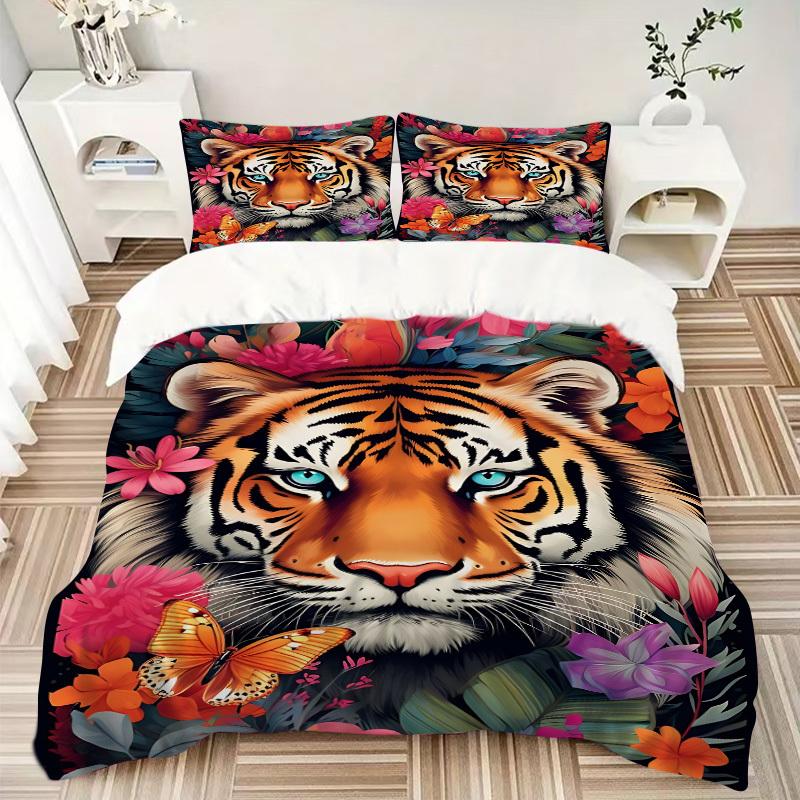 3pcs Tiger Floral Print Duvet Cover Set, Cover For Bedroom Guest Room (1 Duvet Cover + 2 Pillowcase, Without Quilt), yy250922107