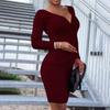 2024 Women's Sexy Deep V Neck Long Sleeve Dress Ladies Pleated Hip-hugging Dress Elegant Party Dress