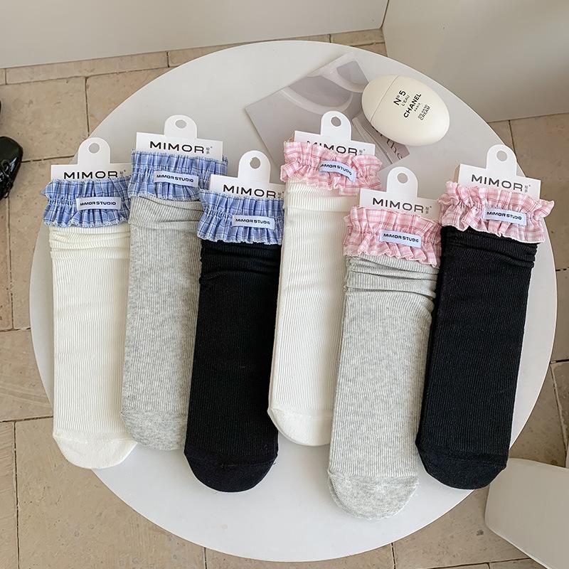 Women's Spring and Summer Thin Plaid Lace Creative Fashion Cloth Label Sweat Absorbent Boneless Tube Pile Socks