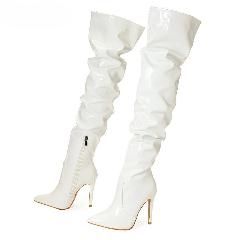 Fashion Fashion Pointed Toe Over The Knee Boots Women High Heels Patent Leather Solid Stiletto Side Zipper Sapatos Femininos