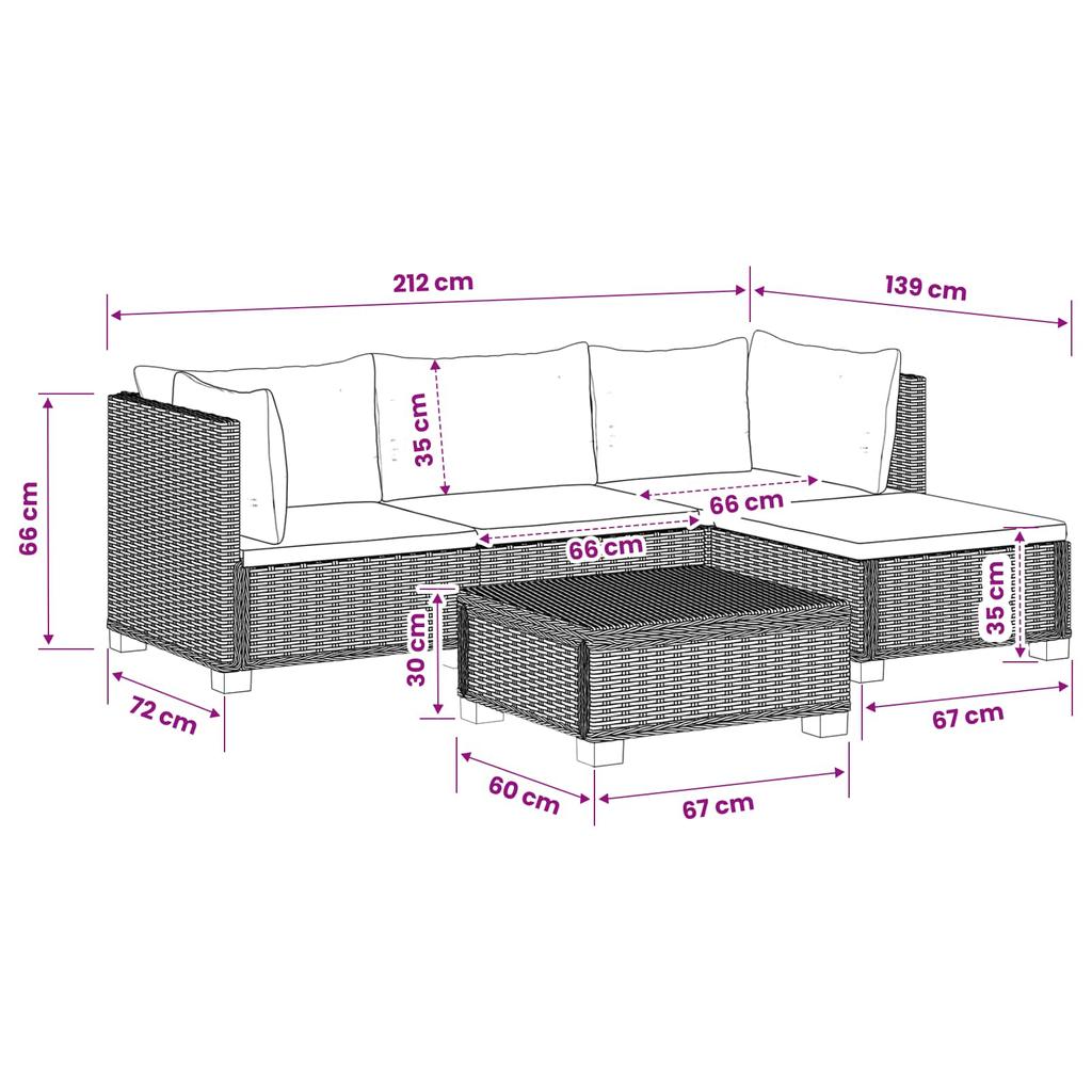 5 Piece Rattan Lounge Set with Cushions GENDT Natural Rattan Kubu Grey