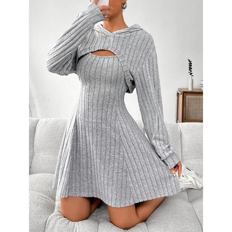 Damski Modny Casualowy Jednokolorowy Krótki Top z Kapturem z Długim Rękawem + Zestaw Sukienki bez Rękawów