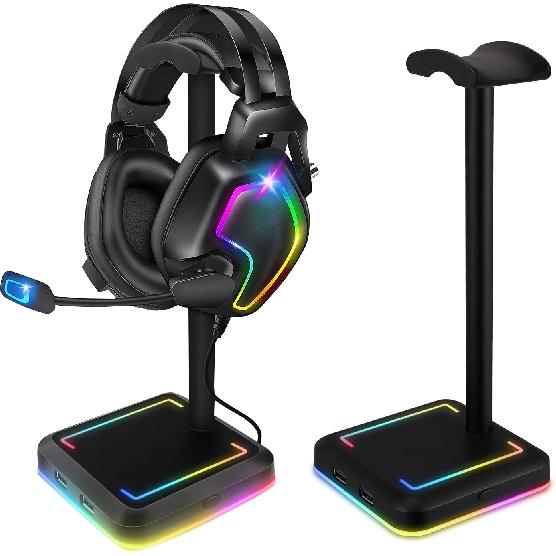Подставка для наушников, RGB-держатель для игровых наушников с 2 портами USB-зарядки и 10 режимами освещения для настольного ПК, аксессуары для игровых наушников