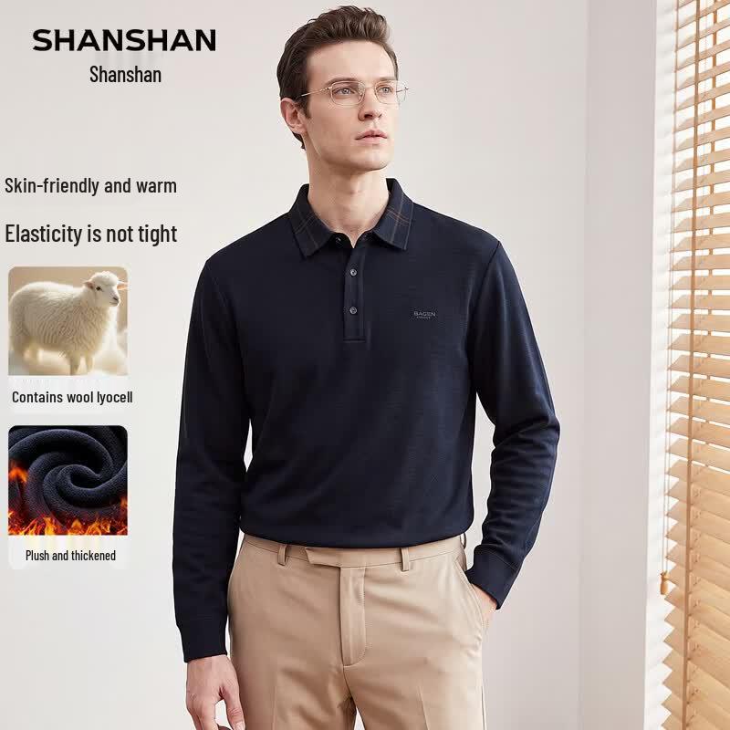 SHANSHAN Men's Lyocell Wool Blend Long Sleeve Polo Shirt