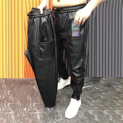 Pantaloni din piele artificială pentru bărbați, cu buzunare, talie elastică, de culoare solidă, de dimensiuni mari, impermeabile, cu bandă la gleznă, stil motocicletă, pantaloni de club de primăvară, toamnă