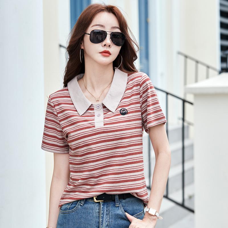 Summer Women's Embroidery Slim Slim Striped Lapel Short Sleeve T-shirt