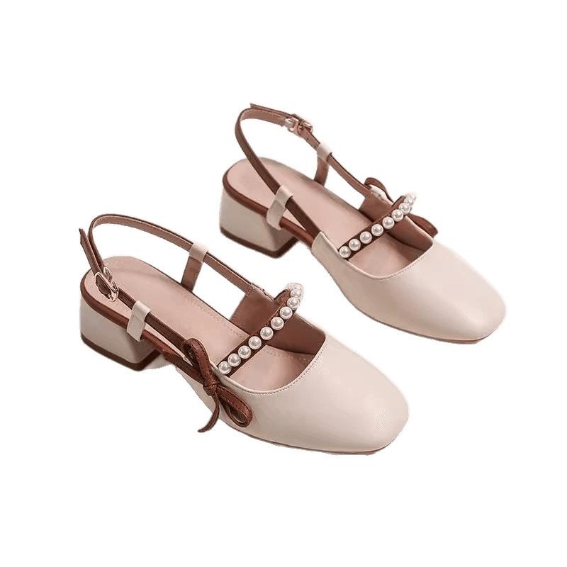 Fairy Wind Bag Head Sandals Female 2025 Summer Color Matching Pearl Mary Jane Thick Heel Square Head Medium Heel High Heel Sandals