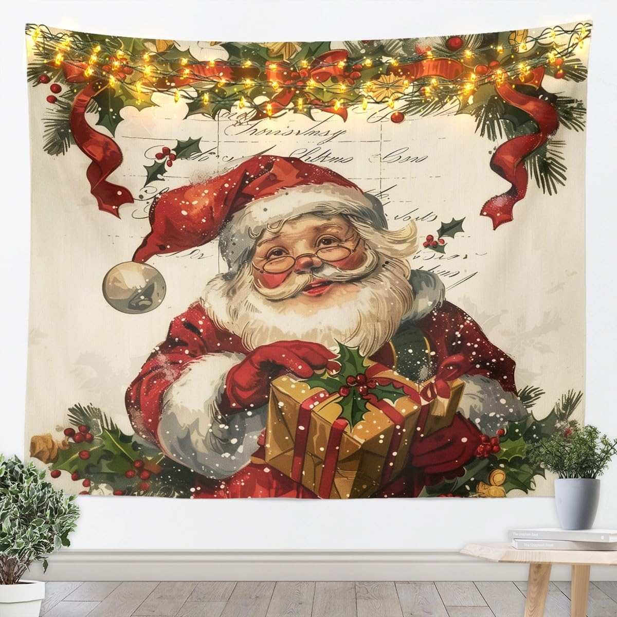 

Рождественский гобелен Красные ягоды Листья падуба Новогодний фон Настенное украшение Каминные носки Подарки Подвесная ткань 90x75cm