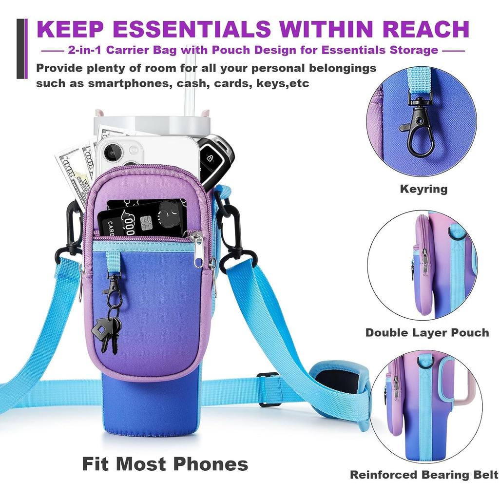Water Bottle Carrier Bag with Phone Pocket for Stanley 40 & 30 Oz Tumbler with Handle,Pink Insulated Neoprene Cup Holder Pouch