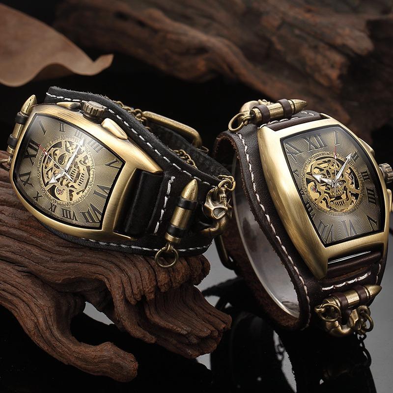 Shenhua Belt Rivet Buckle Men'S Barrel Shaped Hollow Skull Tourbillon Automatic Mechanical Watch