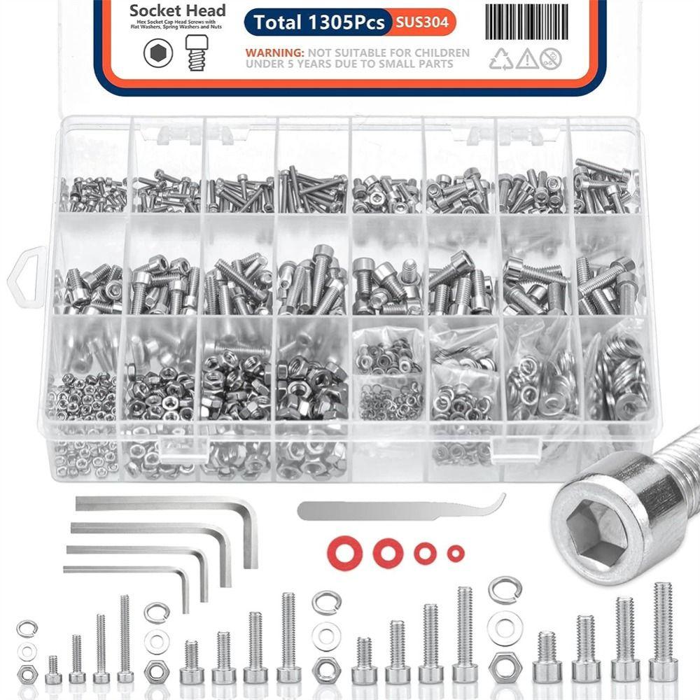

1305Pcs 16 Sizes Hex Socket Head Cap Screws Bolts and Nuts Washers Kit DIY Projects