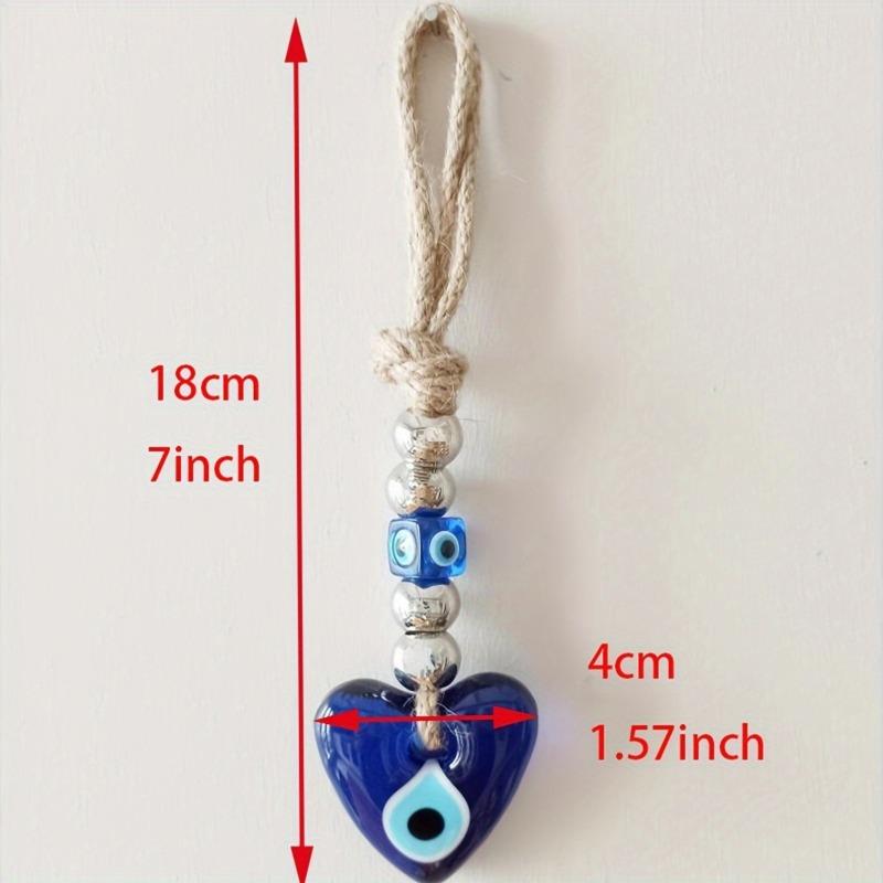 Handmade Heart Shaped Blue Evil Eye Pendant Turkish Blue Glass Ornament with Silver Beads Unique Home Decor Bag Car And Wall Decoration