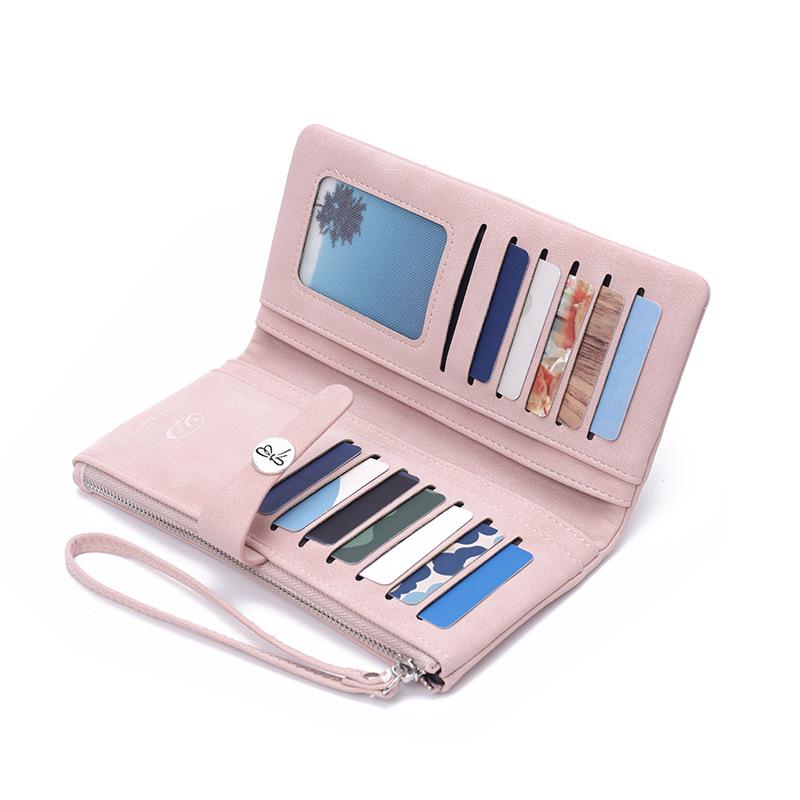 New women's long wallet, two fold, simple buckle solid color multi card handheld phone bag, zipper portable