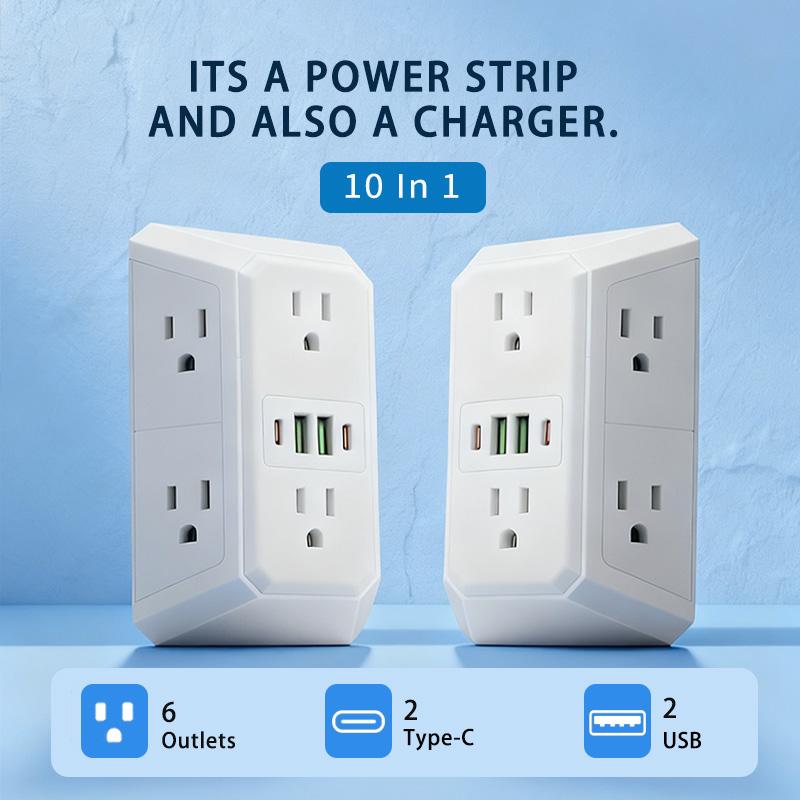 US Multi Socket Wall Socket with 6 AC Outlets 4 USB Port(2 Type C), Universal Plug Power Strip Network Filter Fast Charging