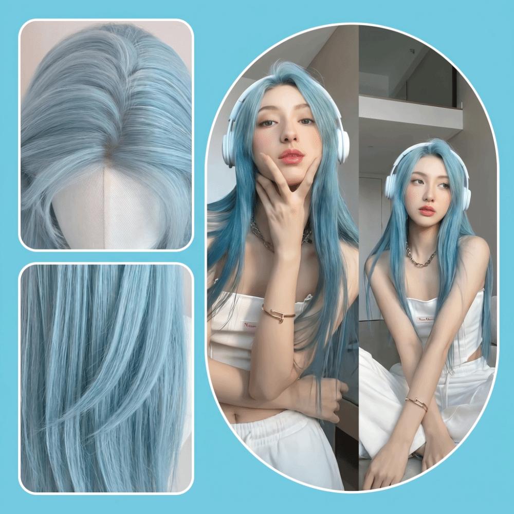 Harajuku Sea Salt Blue Wig Layerd Lolita Cosplay Wig Long Straight Synthetic Wig Carnival
