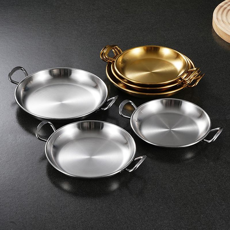 Korean Style 304 Stainless Steel Snack Plate Gold Plated Double Handle Fries Chicken Plate Thickened Cold Dish Pickle Tray